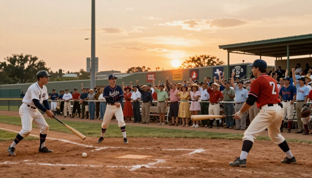 A vibrant scene capturing the rich history of Texas Negro Leagues baseball, featuring a bustling ballpark with the Austin Black Senators, Dallas Black Giants, and Houston Black Buffaloes in action. In the foreground, players in vintage baseball uniforms, showcasing their unique team colors, energetically engage in gameplay with a baseball bat and ball. The middle ground reveals an enthusiastic crowd of diverse spectators dressed in 1940s attire, cheering passionately. The background showcases an iconic Texas landscape with a sunset casting warm, golden light over the ballpark, silhouetting the team banners. Lens: 35mm with a slight shallow depth of field, creating a nostalgic atmosphere reminiscent of classic baseball history. Emphasize camaraderie, excitement, and cultural pride in this vibrant depiction.