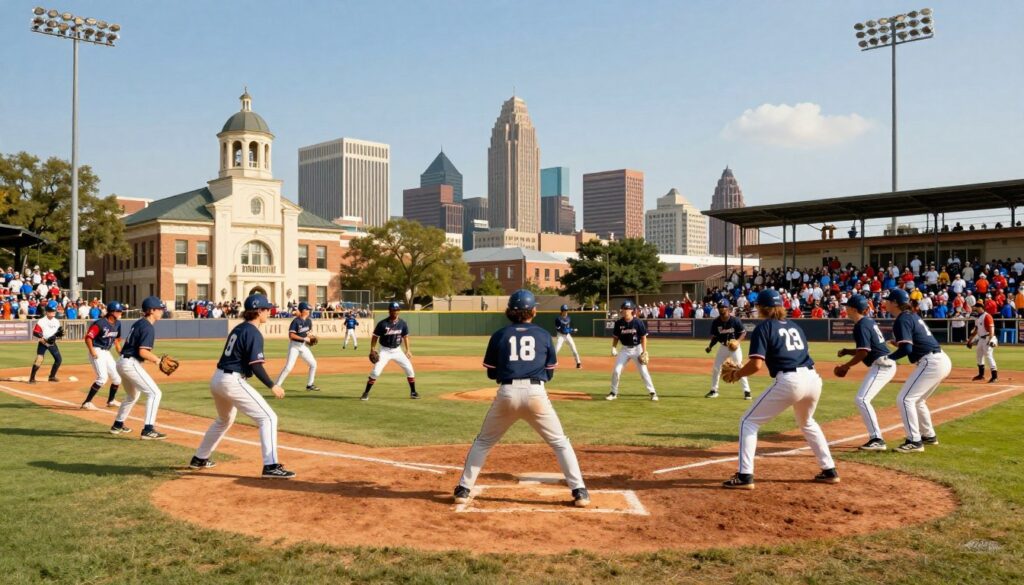 A vibrant scene depicting the postwar growth of NCAA baseball in Texas. In the foreground, a diverse group of young athletes in professional baseball uniforms practice on a sunlit campus diamond, showcasing their teamwork and enthusiasm. In the middle ground, iconic Texas college stadiums with classic architecture and enthusiastic fans wearing collegiate gear are visible, celebrating the sport's rich history and community engagement. The background features the Texas skyline under a bright blue sky, symbolizing growth and opportunity. The atmosphere is energetic and hopeful, with warm lighting creating a lively and inviting environment. The composition should emphasize the camaraderie and passion for baseball within the state's college culture, captured with a wide-angle lens to enhance depth and perspective. A vibrant scene depicting the postwar growth of NCAA baseball in Texas. In the foreground, a diverse group of young athletes in professional baseball uniforms practice on a sunlit campus diamond, showcasing their teamwork and enthusiasm. In the middle ground, iconic Texas college stadiums with classic architecture and enthusiastic fans wearing collegiate gear are visible, celebrating the sport's rich history and community engagement. The background features the Texas skyline under a bright blue sky, symbolizing growth and opportunity. The atmosphere is energetic and hopeful, with warm lighting creating a lively and inviting environment. The composition should emphasize the camaraderie and passion for baseball within the state's college culture, captured with a wide-angle lens to enhance depth and perspective.