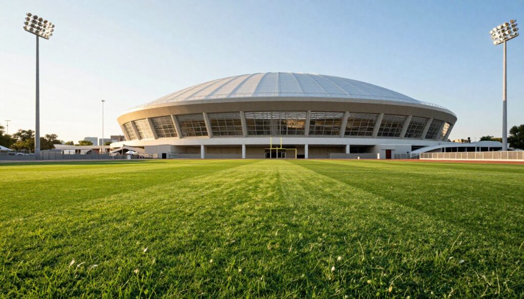 A vibrant view of the Astrodome's artificial turf field, showcasing its lush, meticulously maintained green grass with a realistic texture, reflecting the innovative design of the 1960s. In the foreground, capture the vivid colors of the turf, contrasting against the sleek, modern stadium lights illuminating the scene. The middle ground reveals the iconic Astrodome structure, with its distinctive domed top and large transparent sections allowing natural light to spill in. The background features a bright, blue sky, hinting at a sunny game day atmosphere. The overall mood is nostalgic yet lively, emphasizing the technological marvel of artificial turf and its impact on televised sports. Utilize a warm, golden-hour lighting effect to enhance the inviting feel of the scene, viewed from a low angle to emphasize the grandeur of the Astrodome. A vibrant view of the Astrodome's artificial turf field, showcasing its lush, meticulously maintained green grass with a realistic texture, reflecting the innovative design of the 1960s. In the foreground, capture the vivid colors of the turf, contrasting against the sleek, modern stadium lights illuminating the scene. The middle ground reveals the iconic Astrodome structure, with its distinctive domed top and large transparent sections allowing natural light to spill in. The background features a bright, blue sky, hinting at a sunny game day atmosphere. The overall mood is nostalgic yet lively, emphasizing the technological marvel of artificial turf and its impact on televised sports. Utilize a warm, golden-hour lighting effect to enhance the inviting feel of the scene, viewed from a low angle to emphasize the grandeur of the Astrodome.