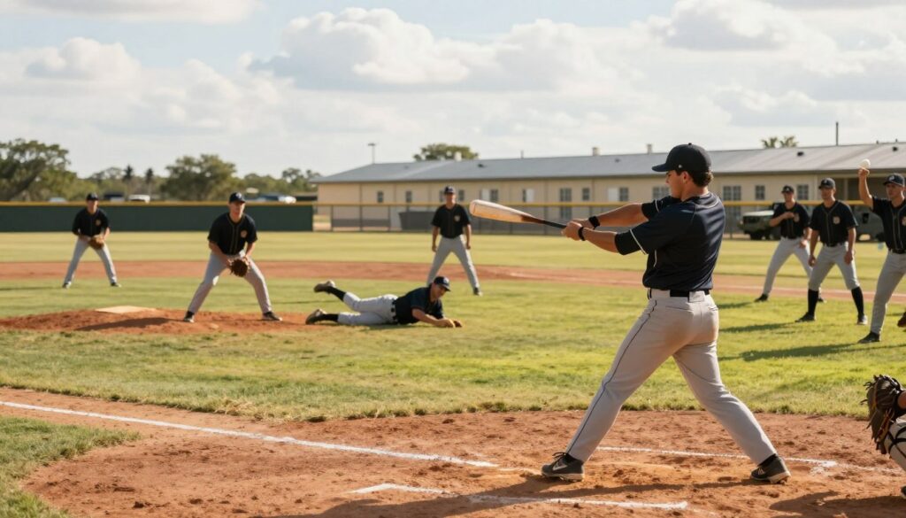 A scene depicting a lively military baseball game taking place on a sun-drenched Texas field, capturing a diverse group of service members in professional athletic attire, actively engaging in the game. In the foreground, a batter with a focused expression winds up to hit the ball, surrounded by teammates cheering enthusiastically. In the middle ground, soldiers are shown in a dynamic interplay—one sliding into home plate while another catches the ball, all set against a backdrop of towering barracks and military vehicles, subtly hinting at the wartime setting. The background features an expansive sky with soft clouds, evoking a warm, uplifting mood. The lighting is bright and natural, casting long shadows on the grass, with a slight lens blur to enhance the depth of field, emphasizing the action and camaraderie in this unique military bond through sport. A scene depicting a lively military baseball game taking place on a sun-drenched Texas field, capturing a diverse group of service members in professional athletic attire, actively engaging in the game. In the foreground, a batter with a focused expression winds up to hit the ball, surrounded by teammates cheering enthusiastically. In the middle ground, soldiers are shown in a dynamic interplay—one sliding into home plate while another catches the ball, all set against a backdrop of towering barracks and military vehicles, subtly hinting at the wartime setting. The background features an expansive sky with soft clouds, evoking a warm, uplifting mood. The lighting is bright and natural, casting long shadows on the grass, with a slight lens blur to enhance the depth of field, emphasizing the action and camaraderie in this unique military bond through sport.