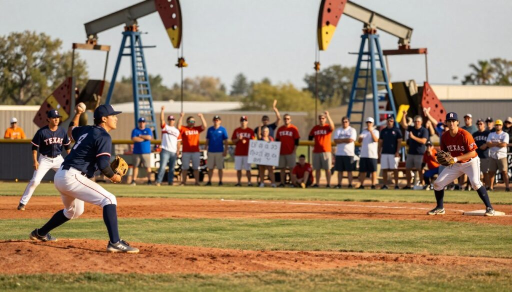 A semi-professional Texas baseball team in action on a vibrant, sunlit field. In the foreground, players in stylish uniforms, with a blend of traditional Texas colors—deep blue, burnt orange, and white—are energetically playing, including a pitcher winding up for a throw and a batter poised at the plate. The middle ground features enthusiastic fans in casual attire, cheering and holding homemade signs. In the background, a rustic Texas oil rig subtly looms, integrating the oil patch theme into the scene. The image is bathed in warm afternoon sunlight, casting soft shadows and enhancing the lively atmosphere. The composition is captured with a wide-angle lens, providing a dynamic view that encompasses both the players’ action and the vibrant crowd, evoking a sense of community and teamwork. A semi-professional Texas baseball team in action on a vibrant, sunlit field. In the foreground, players in stylish uniforms, with a blend of traditional Texas colors—deep blue, burnt orange, and white—are energetically playing, including a pitcher winding up for a throw and a batter poised at the plate. The middle ground features enthusiastic fans in casual attire, cheering and holding homemade signs. In the background, a rustic Texas oil rig subtly looms, integrating the oil patch theme into the scene. The image is bathed in warm afternoon sunlight, casting soft shadows and enhancing the lively atmosphere. The composition is captured with a wide-angle lens, providing a dynamic view that encompasses both the players’ action and the vibrant crowd, evoking a sense of community and teamwork.