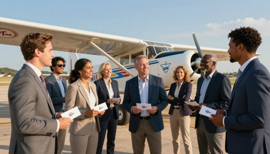 A vibrant scene depicting a diverse group of business professionals, both men and women, in smart casual attire, gathering around a vintage aircraft on a sunny airstrip in Texas. In the foreground, smiling team members are animatedly discussing their travel plans while holding pay envelopes branded with company logos. The middle ground features the gleaming aircraft adorned with colorful company insignias. In the background, rolling Texas hills and a clear blue sky complete the landscape, evoking a sense of adventure and camaraderie. The lighting is warm and inviting, casting soft shadows that emphasize the excitement of travel and teamwork. The overall mood is energetic and optimistic, reflecting the spirit of barnstorming and collaboration among company teams in the oil industry. A vibrant scene depicting a diverse group of business professionals, both men and women, in smart casual attire, gathering around a vintage aircraft on a sunny airstrip in Texas. In the foreground, smiling team members are animatedly discussing their travel plans while holding pay envelopes branded with company logos. The middle ground features the gleaming aircraft adorned with colorful company insignias. In the background, rolling Texas hills and a clear blue sky complete the landscape, evoking a sense of adventure and camaraderie. The lighting is warm and inviting, casting soft shadows that emphasize the excitement of travel and teamwork. The overall mood is energetic and optimistic, reflecting the spirit of barnstorming and collaboration among company teams in the oil industry.