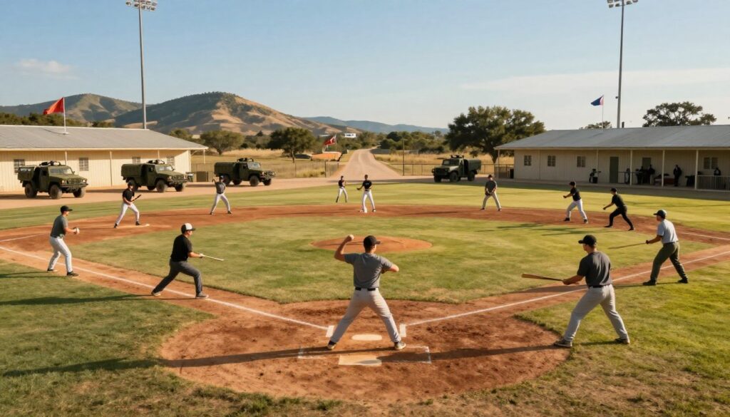 A vibrant scene depicting a military training base in Texas transformed into a baseball ecosystem during wartime. In the foreground, soldiers in modest casual clothing are practicing their pitching and batting on a well-maintained baseball diamond, with authentic military barracks visible in the background. The middle ground features a small, dusty road lined with military vehicles, with flags waving gently in the breeze. In the background, rolling hills of Texas and a clear blue sky provide a picturesque setting, with the sun casting warm, golden light across the field, enhancing the sense of camaraderie and teamwork. The mood is energetic and lively, capturing the spirit of baseball as a unifying activity amidst military life. A vibrant scene depicting a military training base in Texas transformed into a baseball ecosystem during wartime. In the foreground, soldiers in modest casual clothing are practicing their pitching and batting on a well-maintained baseball diamond, with authentic military barracks visible in the background. The middle ground features a small, dusty road lined with military vehicles, with flags waving gently in the breeze. In the background, rolling hills of Texas and a clear blue sky provide a picturesque setting, with the sun casting warm, golden light across the field, enhancing the sense of camaraderie and teamwork. The mood is energetic and lively, capturing the spirit of baseball as a unifying activity amidst military life.