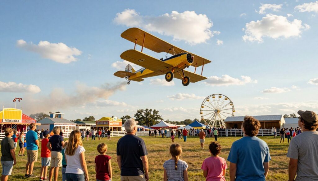 A vibrant scene of barnstorming at a county fair, with a vintage biplane performing daring aerial stunts above a lively crowd. In the foreground, families and children gaze up in amazement, dressed in modest summer attire, their faces illuminated by soft, golden sunlight. The middle ground features the biplane executing a graceful loop, trailing white smoke against a bright blue sky filled with the scattered clouds of a warm Texas afternoon. In the background, colorful fair booths and a small rodeo arena add to the festive atmosphere, while a bright Ferris wheel spins slowly. The composition captures the excitement and nostalgia of a lively county fair, with a warm, inviting glow that conveys a sense of community and joy.