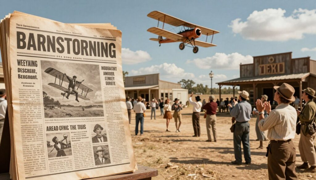 A vibrant, vintage-inspired scene capturing the essence of barnstorming newspaper headlines. In the foreground, a stack of aged newspapers with bold headlines displayed prominently, some featuring grainy black-and-white images of barnstormers performing daring stunts in the sky. The middle ground features a dusty Texas town, complete with wooden storefronts and a lively crowd of onlookers, dressed in period-appropriate clothing. In the background, an open blue sky dotted with white clouds, where a biplane performs thrilling aerial tricks. The lighting is warm, evoking an afternoon sun, casting long shadows and highlighting faces filled with awe and excitement. The overall mood is nostalgic and energetic, showcasing a moment of history during the age of barnstorming.
