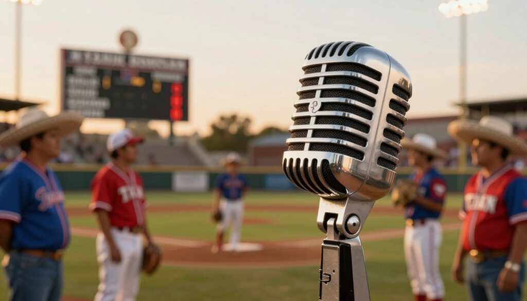 A vintage Spanish-language baseball broadcast microphone prominently placed in the foreground, showcasing intricate details like a classic grill design and a shiny finish. Behind the microphone, a blurred baseball field is visible, complete with fans wearing colorful team jerseys and traditional Tejano attire, creating a lively atmosphere. The background features a baseball scoreboard illuminated by warm golden lighting, encapsulating the excitement of a game day. The image is captured from a slightly low angle, emphasizing the microphone while providing depth to the setting. Soft, warm lighting bathes the scene, evoking a sense of nostalgia and cultural pride, perfect for illustrating the vibrant experience of Spanish-language broadcasts in Texas baseball.