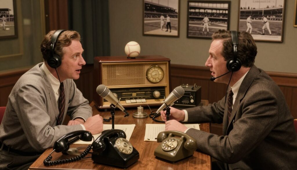 A vintage radio broadcasting studio from the 1930s, capturing the essence of early radio networks covering baseball games. In the foreground, two male broadcasters in professional attire, wearing headsets and sitting at an old wooden desk cluttered with microphones and telephones, exhibit animated expressions as they engage in a lively discussion about a night baseball game. The middle ground features a vintage radio, with glowing dials, and a backdrop of a dimly lit studio adorned with baseball memorabilia. Soft, warm lighting enhances the nostalgic atmosphere, while the background hints at a wall of black-and-white photographs of legendary players and baseball stadiums, evoking a sense of history. Angle the shot slightly from above to capture the action below, creating an inviting and immersive mood.